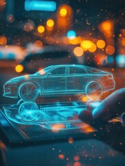 Poster - Close up of backlit hand using tablet with abstract digital car hologram on blurry background. Automation and transport concept. Multiexposure.