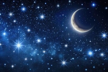 Wall Mural - dark starry night sky wallpaper with twinkling stars and a crescent moon, galaxy, constellations, ni