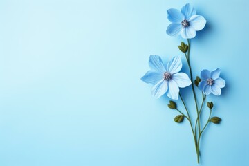 Wall Mural - Beautiful blue flowers creating a serene and elegant composition on a light blue background, offering ample copy space for text or design elements