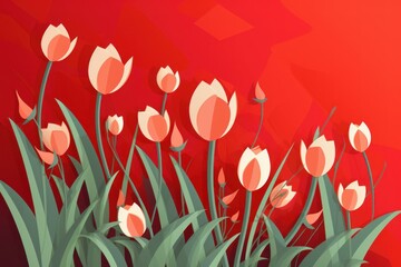 Poster - Pink and white tulips growing on a vibrant red low poly background, creating a cheerful and romantic atmosphere