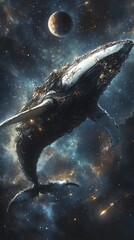 Poster - Galaxyspanning humpback whaleshaped spaceship with white and graphite black hull worn from repairs pirate totem emblazoned sailing through a starry sky distant planets casting faint light