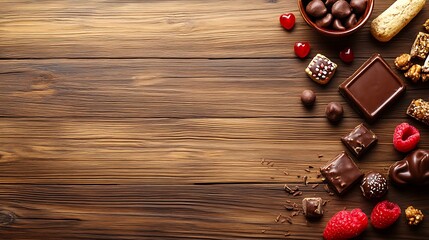 Assorted chocolate and candy on wooden background with copy space