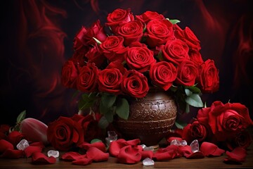 Wall Mural - Beautiful bouquet of vibrant red roses arranged in an ornate vase, surrounded by scattered petals, creating a romantic and luxurious atmosphere