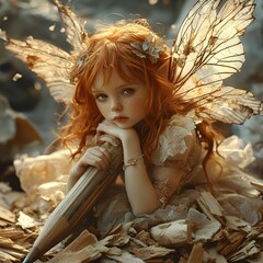 Fototapete - Gingerhaired fairy perches on a giant pencil looking melancholic yet serene The warm color palette and soft diffused lighting create a whimsical atmosphere among the wood shavings