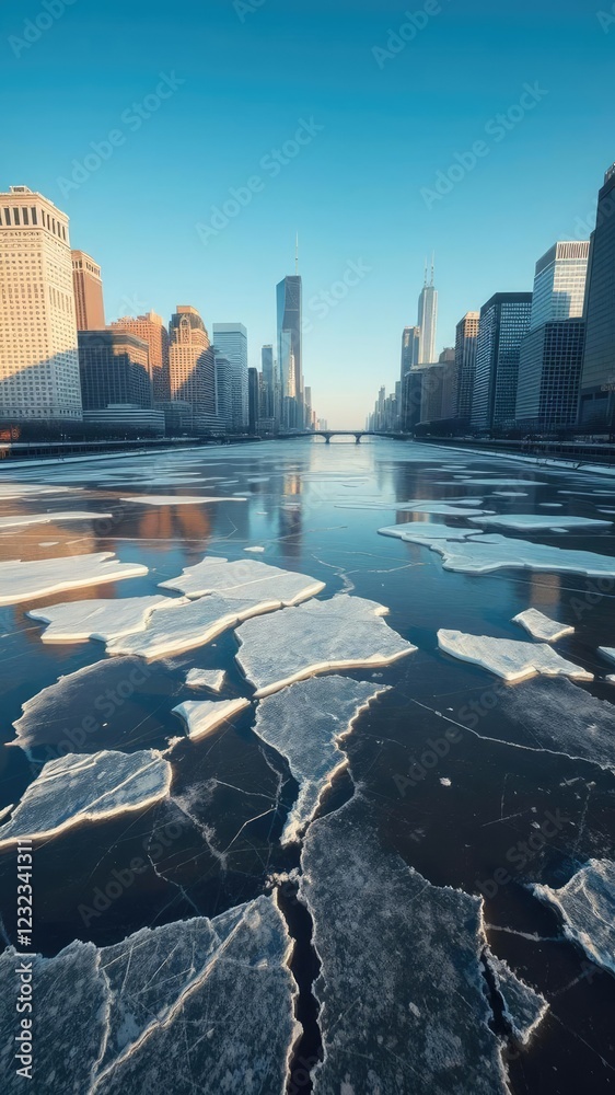 Frozen Chicago River with large cracks and broken ice chunks, cold ...