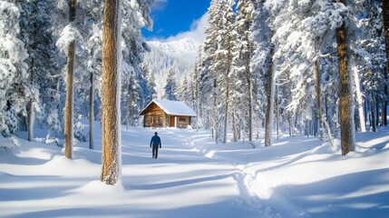 Aufkleber - Hiker walking on a snowy path through a beautiful pine forest towards a cozy wooden cabin, enjoying the winter scenery and tranquility of nature