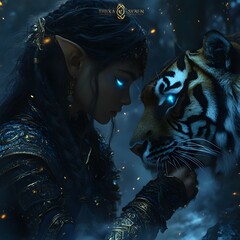 Poster - Glowingeyed elf in intricately designed armor with blue accents her hand on a majestic tiger both surrounded by a dark misty forest bathed in moonlight Glowing particles float in the magical air