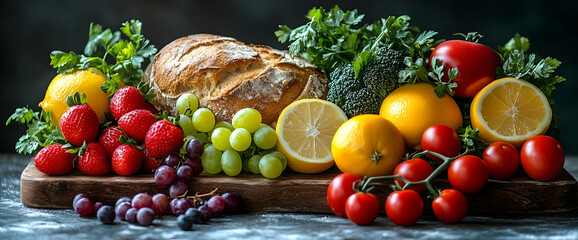 Wall Mural - Vibrant Still Life of Fresh Fruits Vegetables and Bread