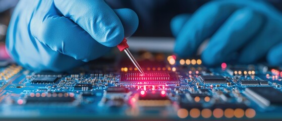 Poster - A technician in blue gloves is inspecting a circuit board with a laser tool, highlighting intricate electronic components.
