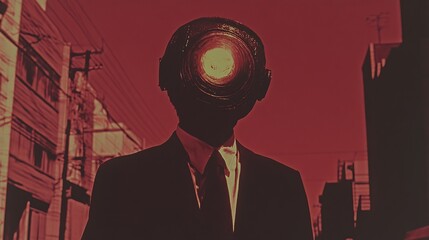 Mysterious figure in a suit with a glowing red helmet stands in an urban environment at dusk