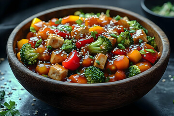 Wall Mural - Savory Tofu and Broccoli Stir Fry in a Wooden Bowl