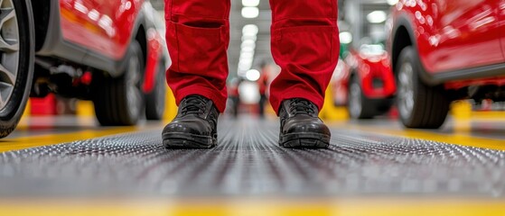 Poster - A worker stands on a textured floor in a car manufacturing facility, surrounded by red vehicles, showcasing an industrial environment.