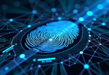 Poster - Biosecurity abstract, digital data flow visualization, fingerprint data source, cyber security focus, deep depth of field, all elements in focus, technology art, data security illustration, security v