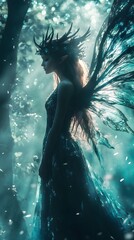 Poster - Glowing elven woman with dragonlike wings and a crown of dark horns her metallic dress shimmering under the moonlight stands in a foggy forest with teal and silver hues creating a mystical aura