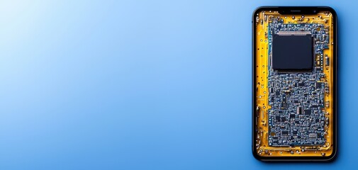 Fototapete - A close-up view of a smartphone's internal circuit board, showcasing intricate electronic components against a light blue background.