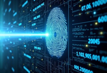 Poster - Cyber data stream visualization of biosecurity, fingerprint data flow, digital security concept, abstract digital art, deep depth of field, all-objects in focus, technology illustration, data security