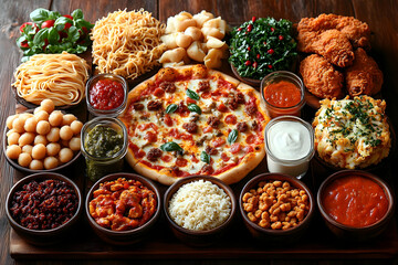 Sticker - Variety of Food on Wooden Table: Pizza, Fried Chicken, and Numerous Side Dishes