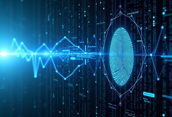 Poster - Biosecurity as digital data stream, abstract visualization, fingerprint data flow, digital security, cyber stream, deep depth of field, all-focus illustration, data protection concept, technology artw