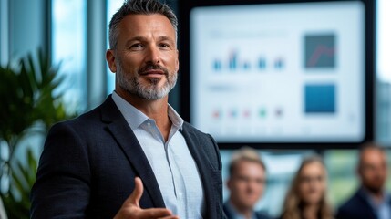 A well dressed business consultant presenting investment strategies and market analysis data using a digital display screen in a corporate office setting