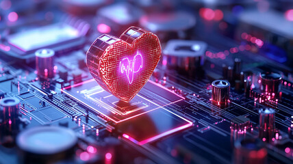 Poster - A vibrant heart shape made of glowing lights sits atop a dark, tech-inspired circuit board, embodying a fusion of love and technology