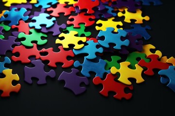 Poster - Vibrant puzzle pieces on a dark surface represent the challenges and solutions found in problem solving and strategic thinking