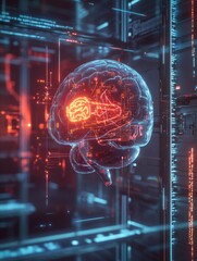 Poster - Visualization of an AI chatbot concept, featuring a glowing brain integrated into a sleek digital assistant interface with futuristic design elements