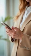 Poster - Businesswoman using smartphone, browsing internet, reading news, mobile application