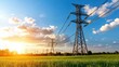 © maesarin - Advanced electricity network analysis with neon electrical pylons and power lines extending across a scenic rural landscape at sunset