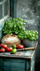 Wall Mural - Rustic Still Life with Crusty Bread and Fresh Herbs