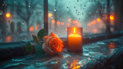 Wall Mural - A rose beside a candle on a stone windowsill in an old cathedral HD 8K wallpaper Photographic Image