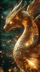 Poster - Golden dragon with scales reflecting brilliant light wings halfspread the shimmering glow casting magic particles through the air Dark green forest forms the distant dreamlike background