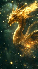 Poster - Golden dragon with scales reflecting brilliant light wings halfspread the shimmering glow casting magic particles through the air Dark green forest forms the distant dreamlike background