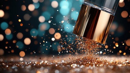 Poster - An imaginative depiction of golden glitter cascading from a beautifully designed container, creating a dreamy and inviting atmosphere of celebration and creativity.