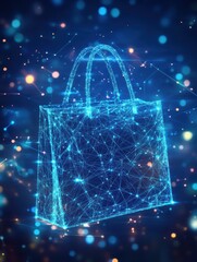 Poster - A digital shopping bag made of glowing lines and dots on a blue background with a blurred bokeh effect.