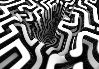 Fototapete - Abstract black and white 3D illustration featuring a complex maze like pattern creating a sense of depth and optical illusion. The design uses