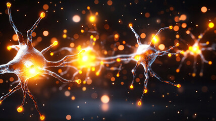 Poster - A close-up view of neural networks, highlighting glowing neurons interconnected with luminous synapses against a dark background