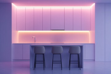 Wall Mural - Virtual tours are transforming real estate experiences. Modern kitchen with pink ambient lighting and minimalist design.