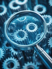 Poster - Magnifying glass focusing on SEO gears symbolizing search engine optimization strategy and technical analysis in digital marketing