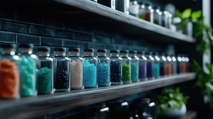 Poster - An organized display of glass jars filled with colorful granules, showcasing a unique collection that highlights the beauty of texture and color in a minimalist setting.