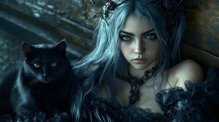 Aufkleber - Gothic witch adorned with thorns and flowers sits on a bench Her silver hair and layered dress create a stunning contrast against the dimly lit room while a black cat lounges beside her