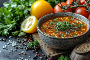 Wall Mural - Vibrant Red Tomato Soup with Fresh Herbs and Spices