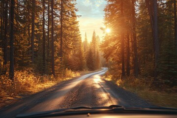 Wall Mural - Beautiful sunset shining through trees on a winding dirt road in a serene forest landscape