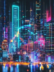 Poster - Futuristic holographic tax graphs displayed over city skyline, digital economy theme, vivid colors