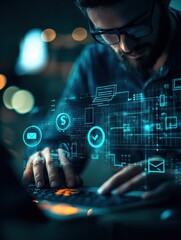 Poster - Double exposure of seo icon with man working on computer on background. Concept of search engine optimization.