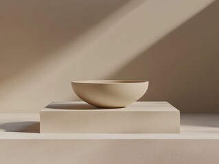 Poster - White bowl placed on top of a white pedestal against a plain background for minimalistic decor