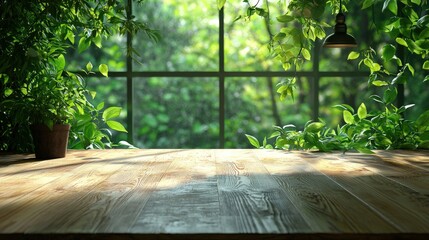 Poster - Wooden table with a green plant in the background creating a natural indoor setting
