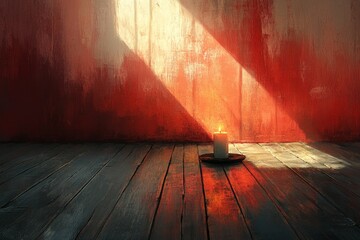 Wall Mural - Warm candlelight creates a serene atmosphere in a softly lit room with rich red walls and wooden floor