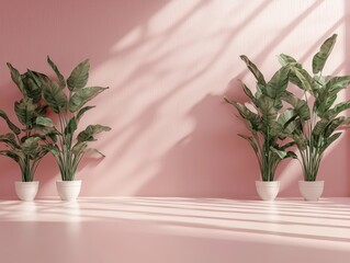 Poster - Pink wall with a green plant in a white pot creating a modern and minimalist interior decor setting