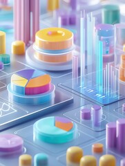 Poster - 3D illustration of customer data analysis with vibrant pie charts and customer icons, showcasing segmented data and insights in a sleek, futuristic design