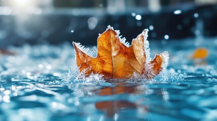 Poster - An artistic depiction of a crown made from vibrant leaves, emerging from sparkling water, symbolizing nature's majesty and creativity.